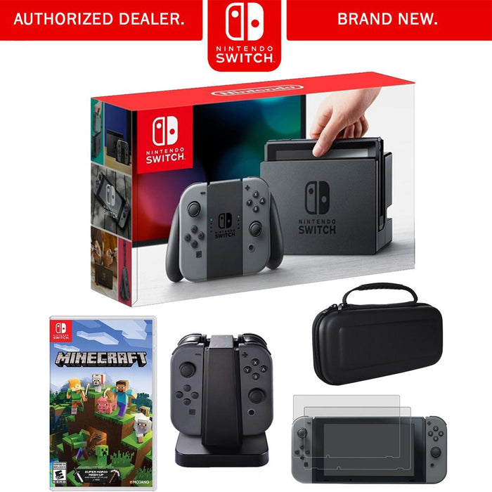 Nintendo Switch 32GB Console with Gray Joy Con & Minecraft for Switch + Charging Dock Kit