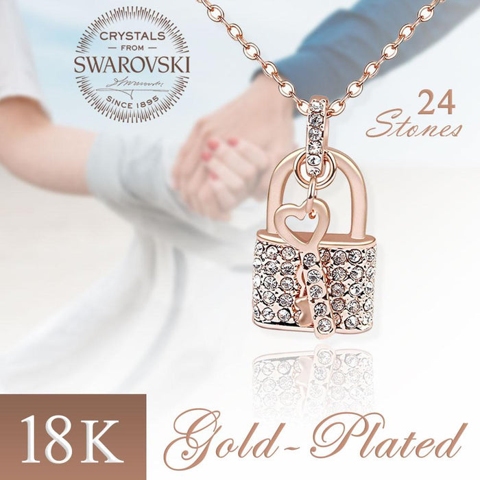 CZ Luxxe Jewelry Swarovski Element 18k Gold Plated, Crystal Lock and Key Necklace