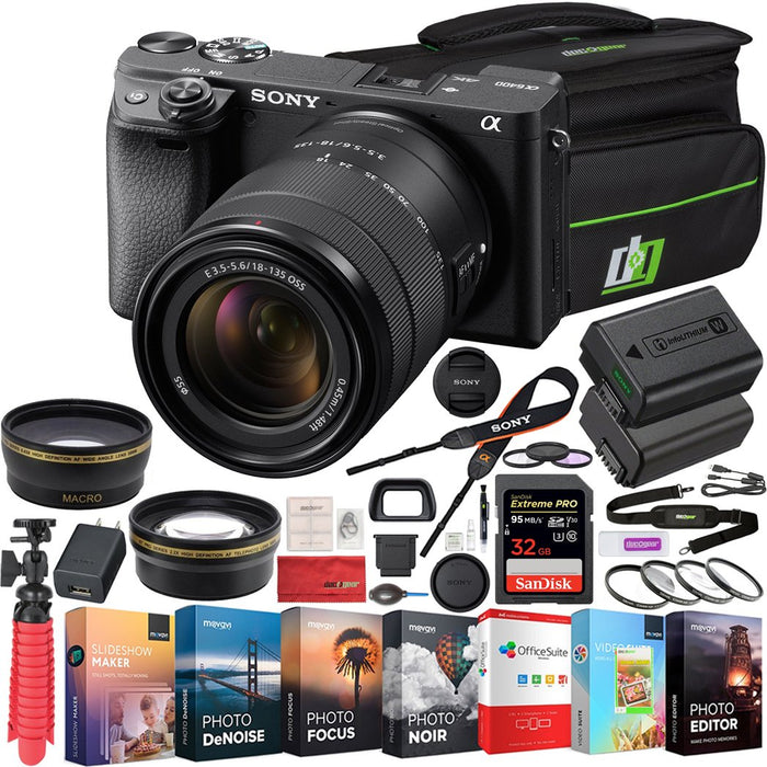  Sony a6400 4K Mirrorless Camera ILCE-6400L/B (Black) with  16-50mm f/3.5-5.6 and 55-210mm F4.5-6.3 2 Lens Kit and 0.43x Wide Angle +  2.2X Telephoto + Deco Gear Extra Battery Remote 