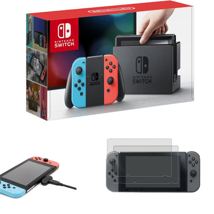 Nintendo Switch Console with Neon Blue and Red JoyCon & Type-C Bluetooth Transmitter Kit