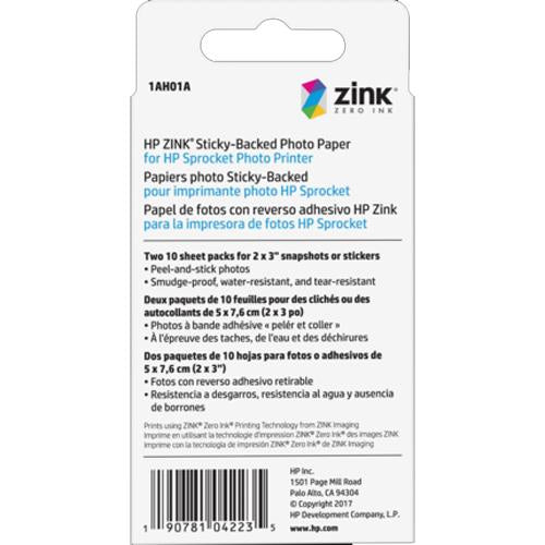 Hewlett Packard Zink Sticky-Backed Photo Paper 20 Sheets, 2 x 3 Inches