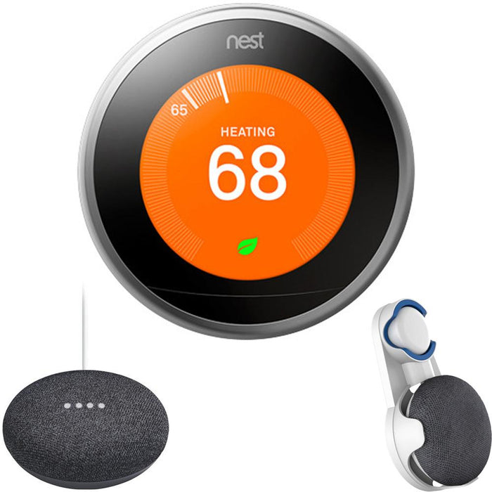 Google Nest Learning Thermostat Gen3 Stainless Steel, Charcoal Google Home Mini & Wall Mount