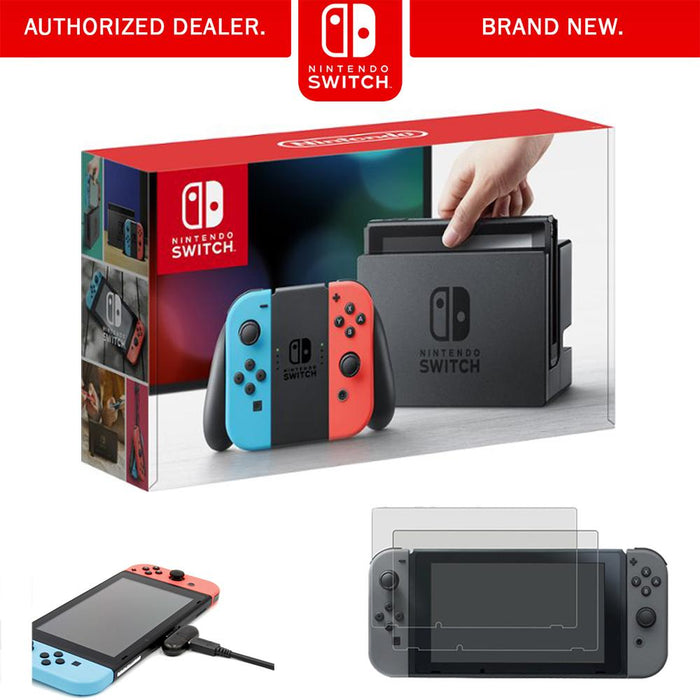 Nintendo Switch Console with Neon Blue and Red JoyCon & Type-C Bluetooth Transmitter Kit