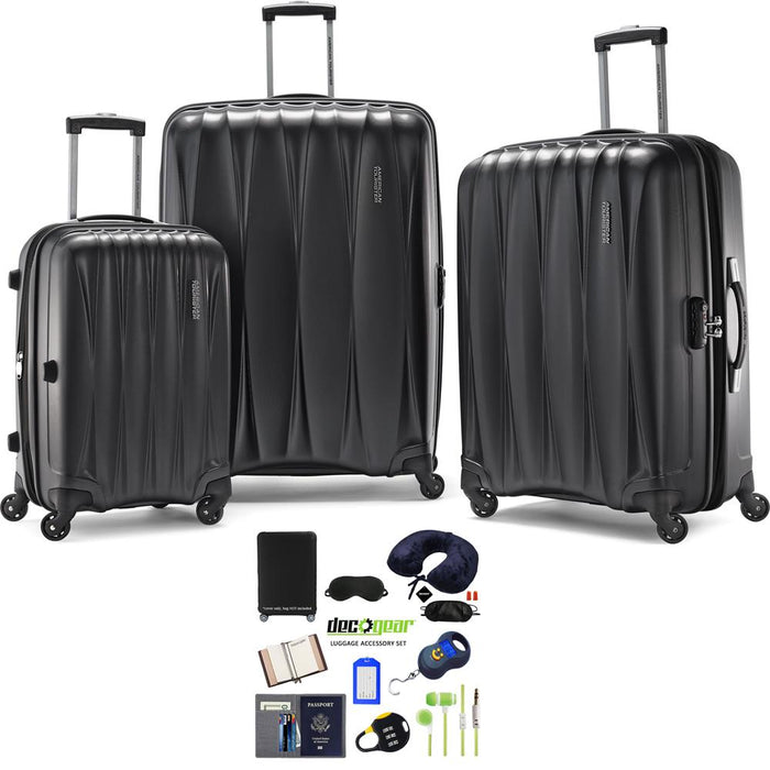 American Tourister Arona Premium Spinner 3Pcs Luggage Set Charcoal+Accessory Kit