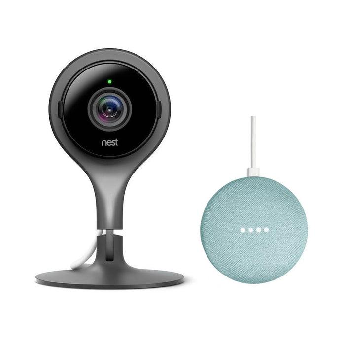 Google Nest Cam Indoor Security Camera + Mini Smart Speaker with Google Assistant Aqua