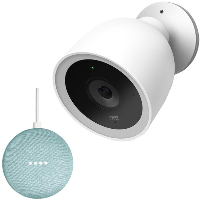 Google Nest Cam IQ Outdoor Security Camera White + Mini Smart Speaker Aqua