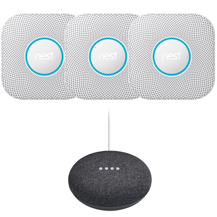Google Nest Protect Smoke and CO Alarm Battery 3-Pack White + Mini Speaker Charcoal
