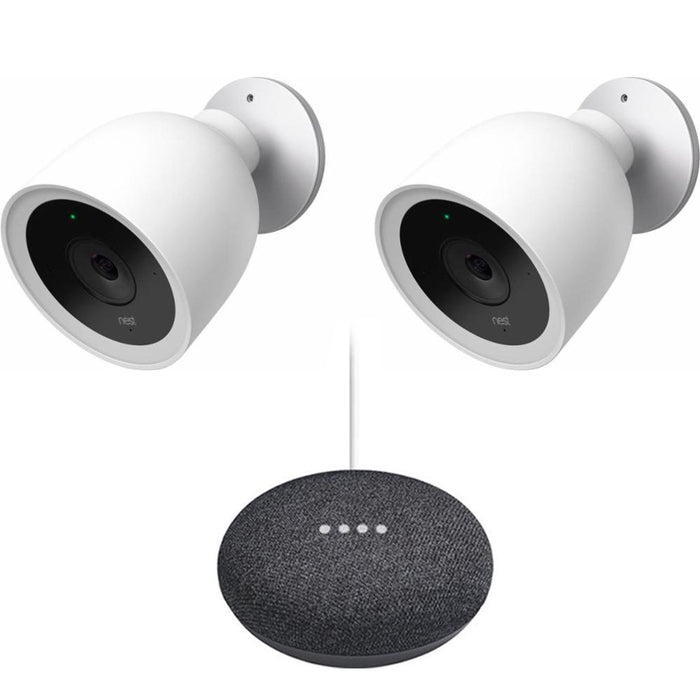 Google Nest IQ Wired Outdoor Security Camera 2 Pack + Mini Smart Speaker Charcoal