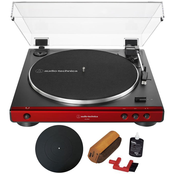 Audio-Technica Fully Automatic Belt-Drive Turntable Red Black+Essentials Bundle