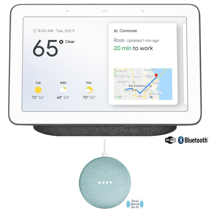 Google Nest Hub w/ Google Assistant (GA00515-US, Charcoal) with Google Home Mini (Aqua)