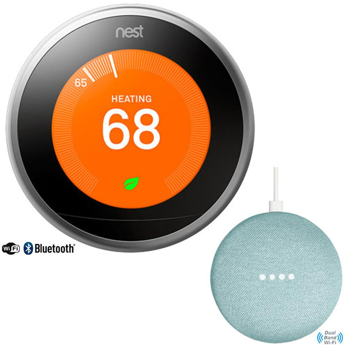 Google Nest Learning Thermostat (3rd Gen, Stainless Steel) with Google Home Mini, Aqua