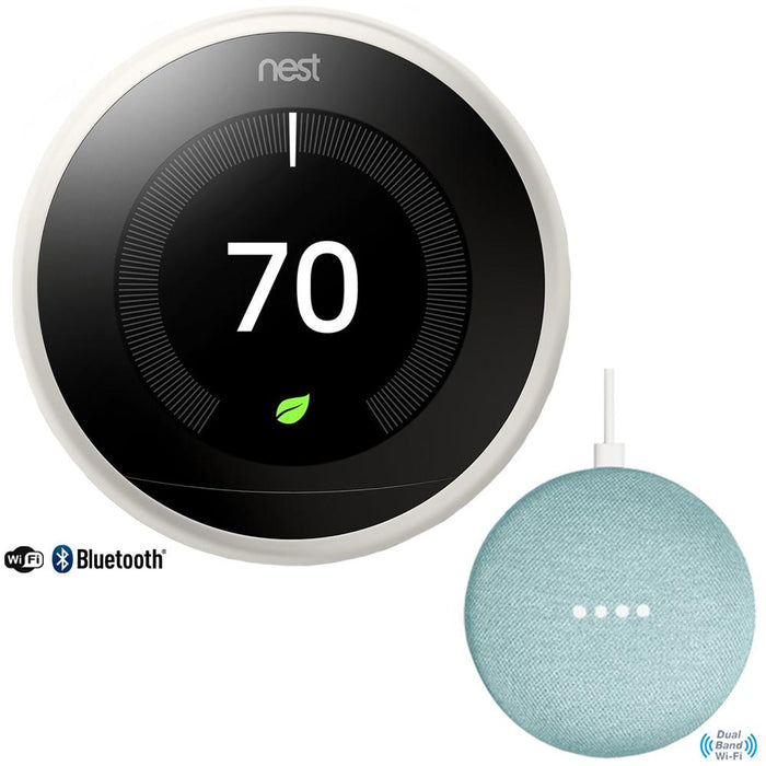 Google Nest Learning Thermostat (3rd Gen, White) with Google Home Mini, Aqua