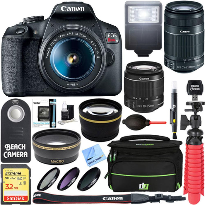 Canon EOS Rebel T7 DSLR Camera w/ 18-55mm & EF-S 55-250mm Lens 32GB Memory Kit