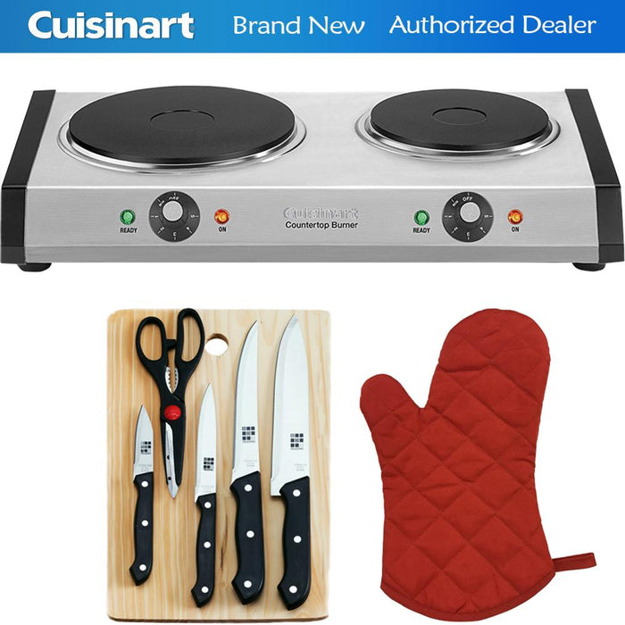 Cuisinart Cast-Iron Double Burner Stainless Steel + Knife Set & Oven Mitt