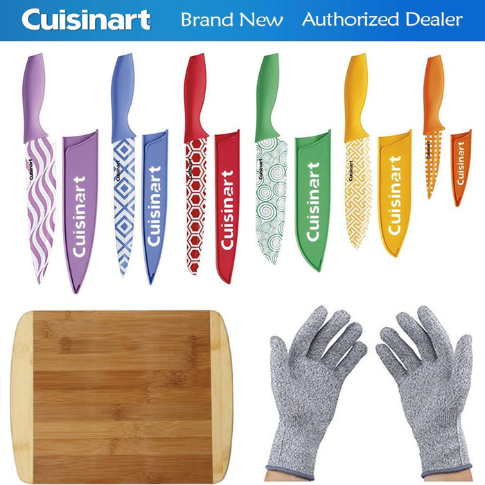 Cuisinart 12 Pcs Printed Color Knife Set w/ Blade Guards+Cutting Board & Gloves