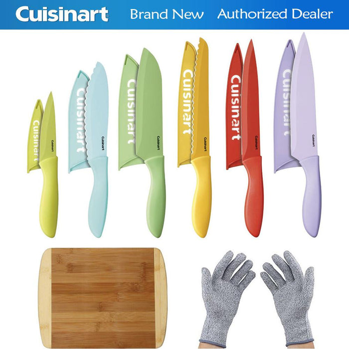 Cuisinart 12 Pcs Ceramic Coated Color Knife Set w/ Guards+Cutting Board & Gloves