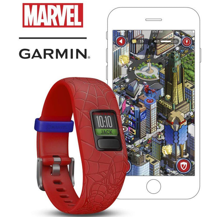Garmin Activity Tracker for Kids Red Adjustable Spiderman Band+Extended Warranty