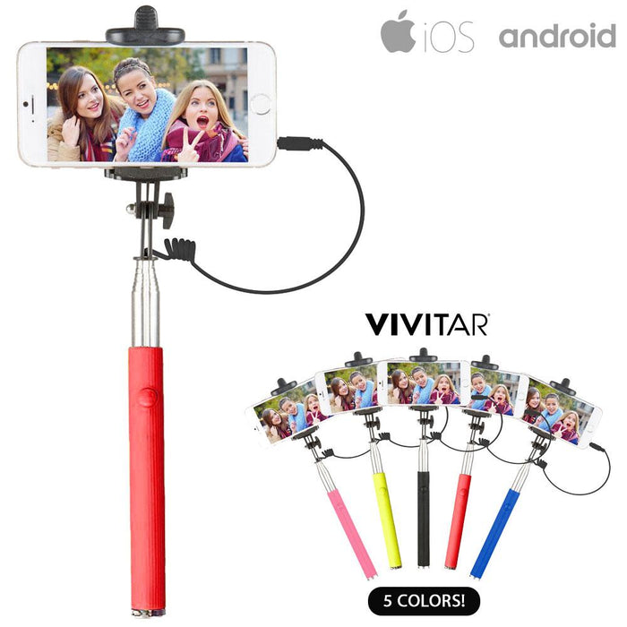 Vivitar 42" Selfie Stick with Built-In Shutter Release and Folding Clamp, Red