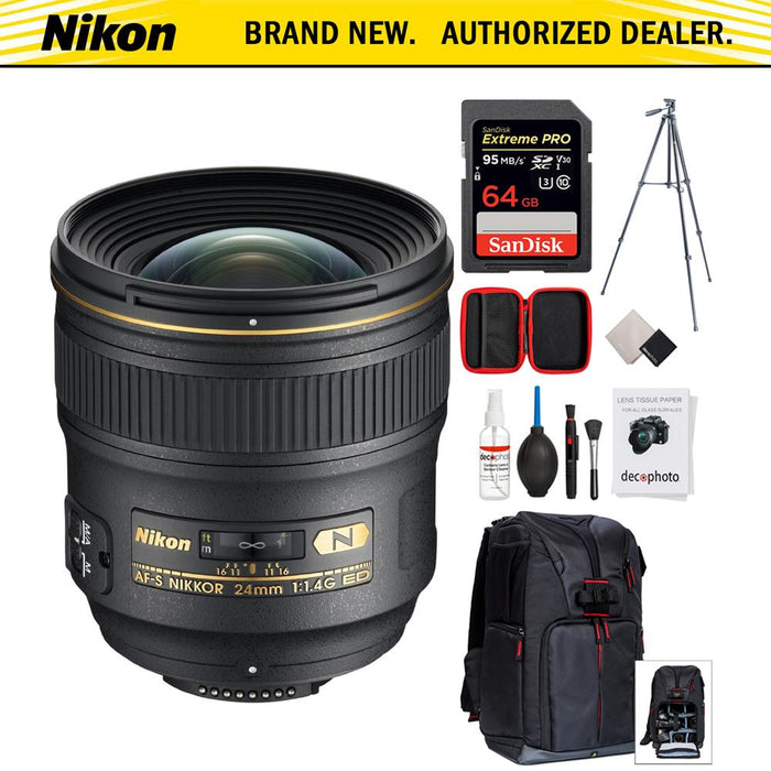 Nikon 24mm F/1.4G ED AF-S FX Full Frame Wide-Angle Lens w/ 64GB Accessory Bundle