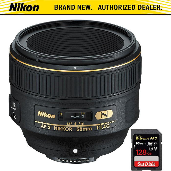 Nikon AF-S NIKKOR 58mm f/1.4G Lens + Extreme PRO SDXC 128GB UHS-1 Memory Card