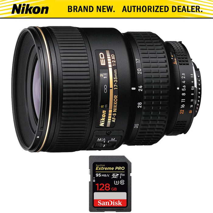 Nikon 17-35mm F/2.8D ED-IF Zoom-Nikkor AF Lens with SDXC 128GB UHS-1 Memory Card