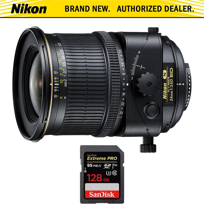 Nikon PC-E NIKKOR 24mm f/3.5D ED Lens w/ Sandisk 128GB Memory Card