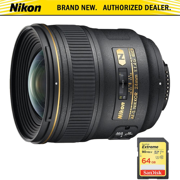 Nikon 24mm F/1.4G ED AF-S Wide-Angle Lens with Sandisk 64GB Memory Card