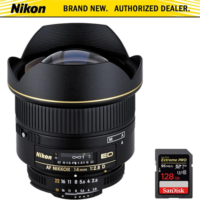 Nikon 14mm F/2.8D ED AF Lens + Sandisk 128GB Memory Card