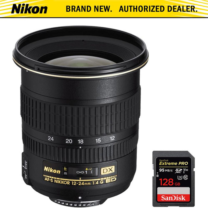 Nikon 12-24mm F/4G ED-IF AF-S DX Zoom-Nikkor Lens + Sandisk 128GB Memory Card
