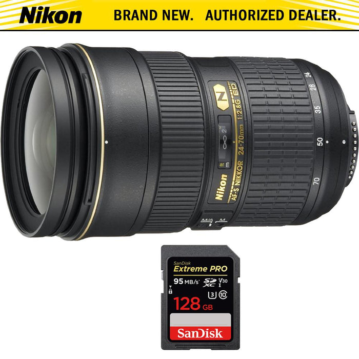 Nikon AF-S NIKKOR 24-70mm f/2.8G ED Lens with SDXC 128GB UHS-1 Memory Card