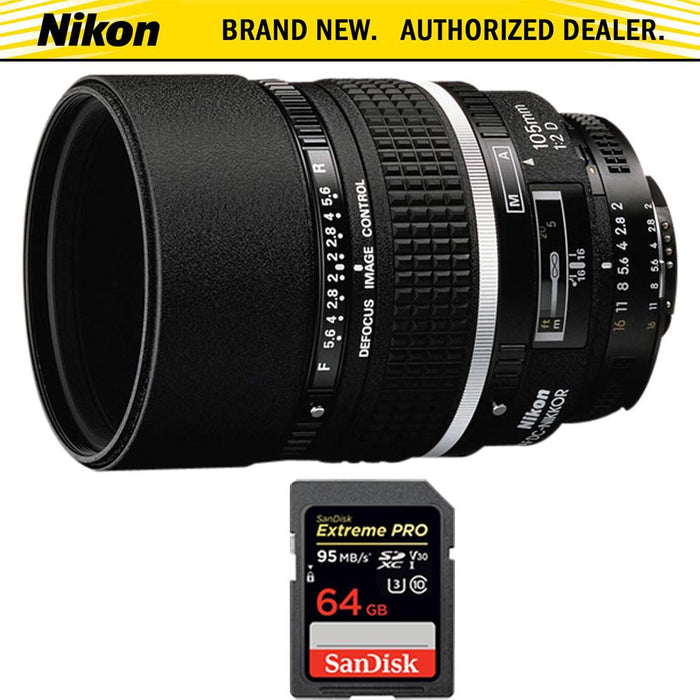 Nikon NIKKOR 105mm F/2.0D DC AF Lens + 64GB Memory Card