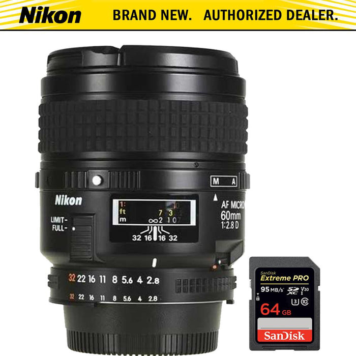 Nikon 60mm F/2.8D Micro AF Nikkor Lens + 64GB Memory Card