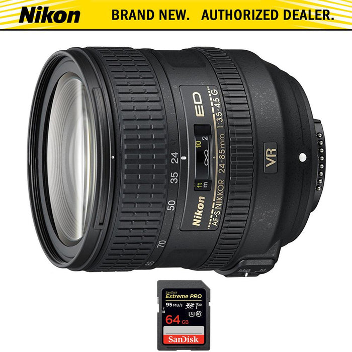 Nikon AF-S NIKKOR 24-85mm f/3.5-4.5G ED VR Lens + 64GB Memory Card