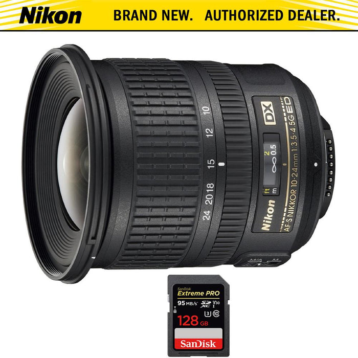 Nikon AF-S DX NIKKOR 10-24mm f/3.5-4.5G ED Lens + 128GB Memory Card