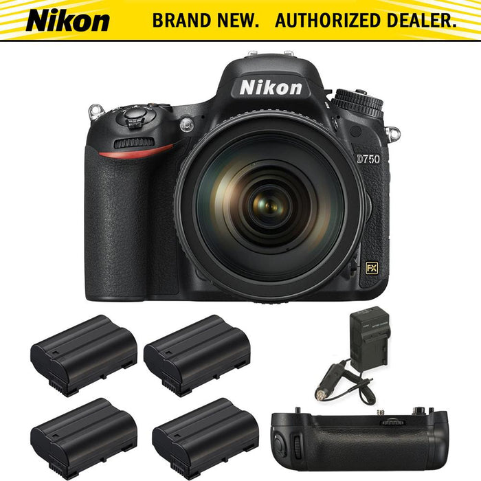 Nikon D750 DSLR Camera with 24-120mm Lens, MB-D16 Pack, 4 Batteries, and Charger