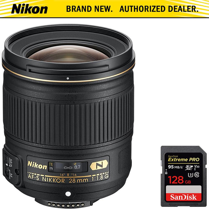 Nikon AF FX Full Frame NIKKOR 28mm f/1.8G Wide-angle Lens w/ 128GB Memory Card