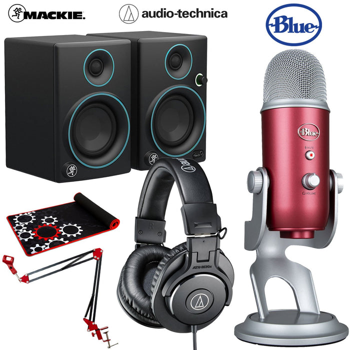 Audio-Technica ATH-M30x Headphones with Blue Yeti USB Mic Red + Mackie CR3 PRO Recording Bundle