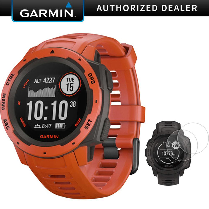 Garmin Instinct Rugged Outdoor Watch w/ GPS Flame Red + Screen Protector 2-Pack