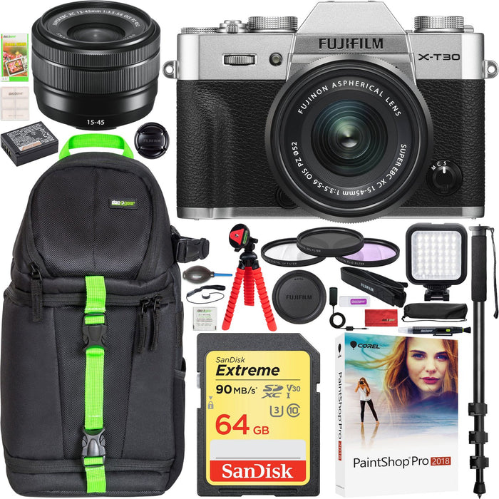 Fujifilm X-T30 Mirrorless 4K WiFi Camera + XC 15-45mm Lens Kit Silver + Travel Bundle