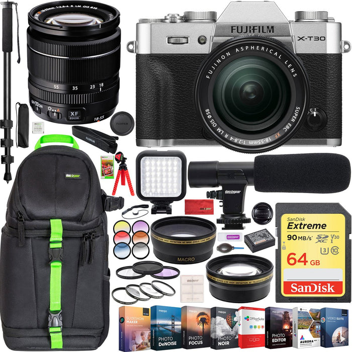 Fujifilm X-T30 Mirrorless 4K WiFi Camera + XF 18-55mm Lens Kit Silver + Pro Travel Bundle