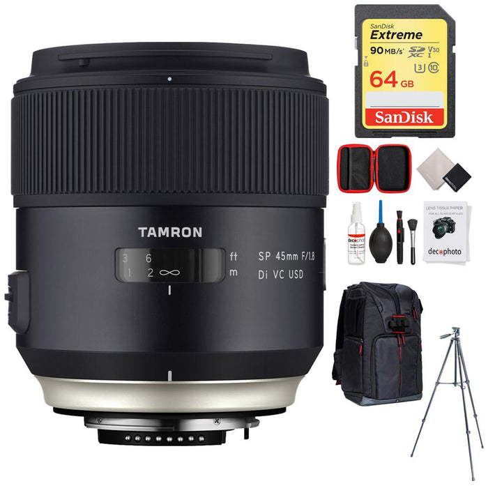Tamron SP 45mm f/1.8 Di VC USD Lens for Nikon Mount + 64GB Accessories Bundle