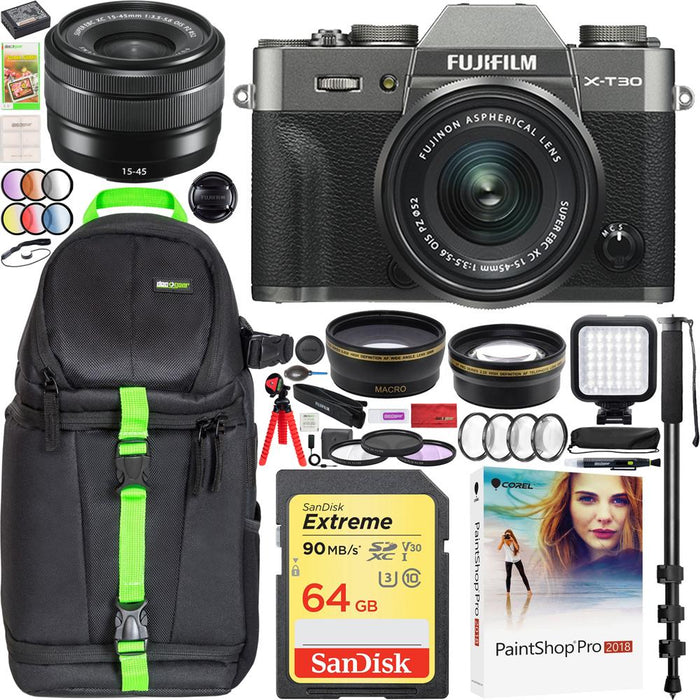 Fujifilm X-T30 Mirrorless 4K WiFi Camera + 15-45mm Lens Charcoal Travel Pack Kit