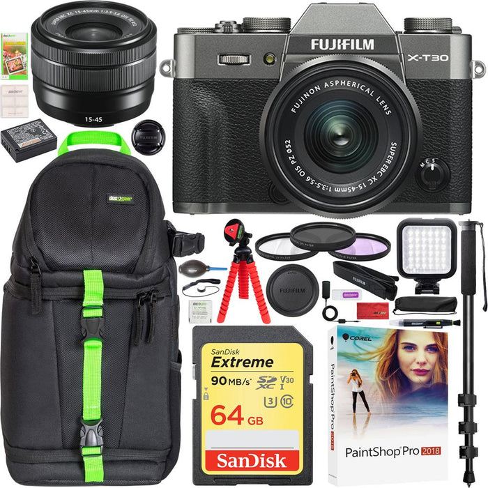 Fujifilm X-T30 4K WiFi Mirrorless Camera + XC 15-45mm Lens Kit Charcoal + Travel Bundle