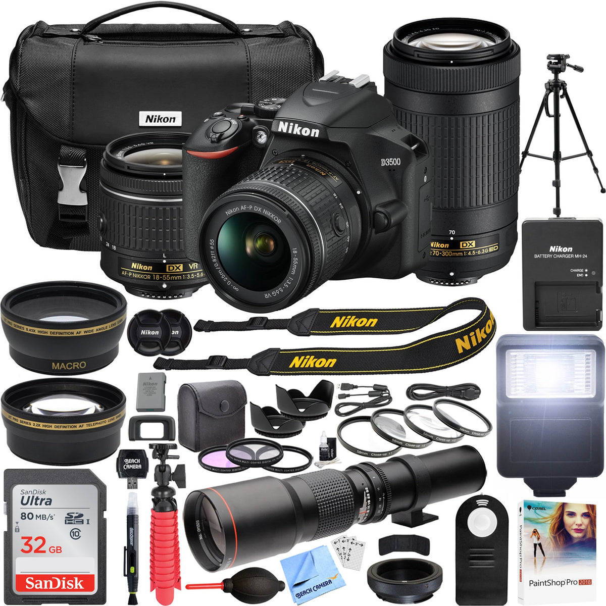 Nikon D3500 DSLR Camera + 18-55mm VR + 70-300mm 2 Lens Kit + 500mm
