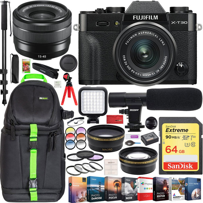 Fujifilm X-T30 Mirrorless 4K WiFi Camera + XC 15-45mm Lens Kit Black + Pro Travel Bundle