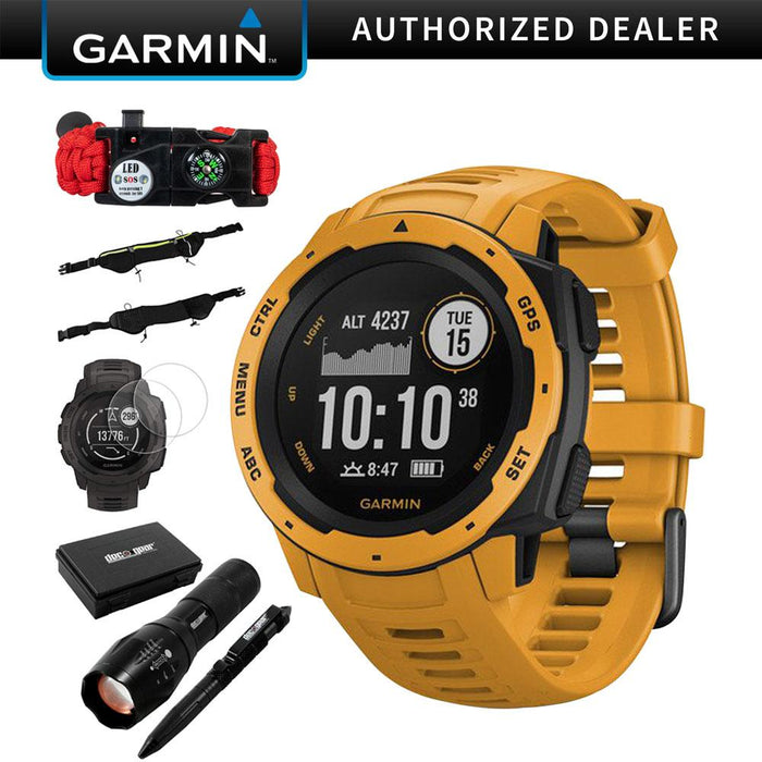 Garmin Instinct Rugged Outdoor Watch w/ GPS, Sunburst + Accessories Bundle