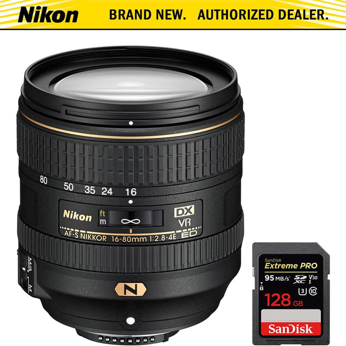 Nikon AF-S DX NIKKOR 16-80mm f/2.8-4E ED VR Lens + Sandisk 128GB Memory Card