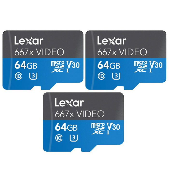 Lexar 64GB High-Performance 667x Video microSDXC UHS-I Memory Card 3 Pack