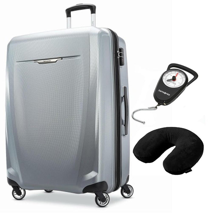 Samsonite Winfield 3 DLX Spinner 71/25 Checked Luggage Silver + Scale & Pillow