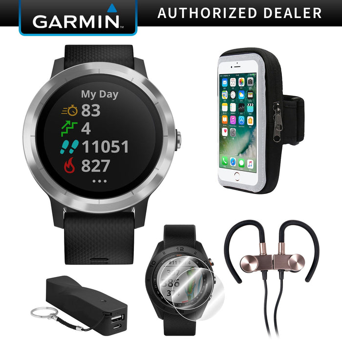 Garmin Vivoactive 3 GPS Fitness Smartwatch w/ Deco Gear Runner Bundle - Black+Stainless